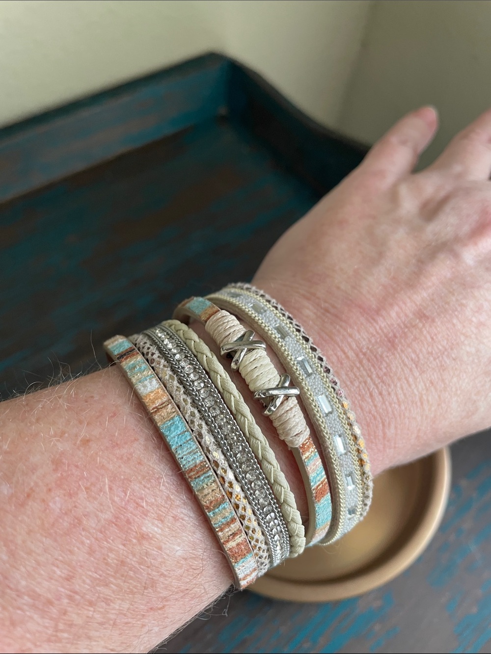 Wrap Bracelet Boho Coastal Multi Strand / media- silver, Cream, Turquoise - Picture 6 of 9